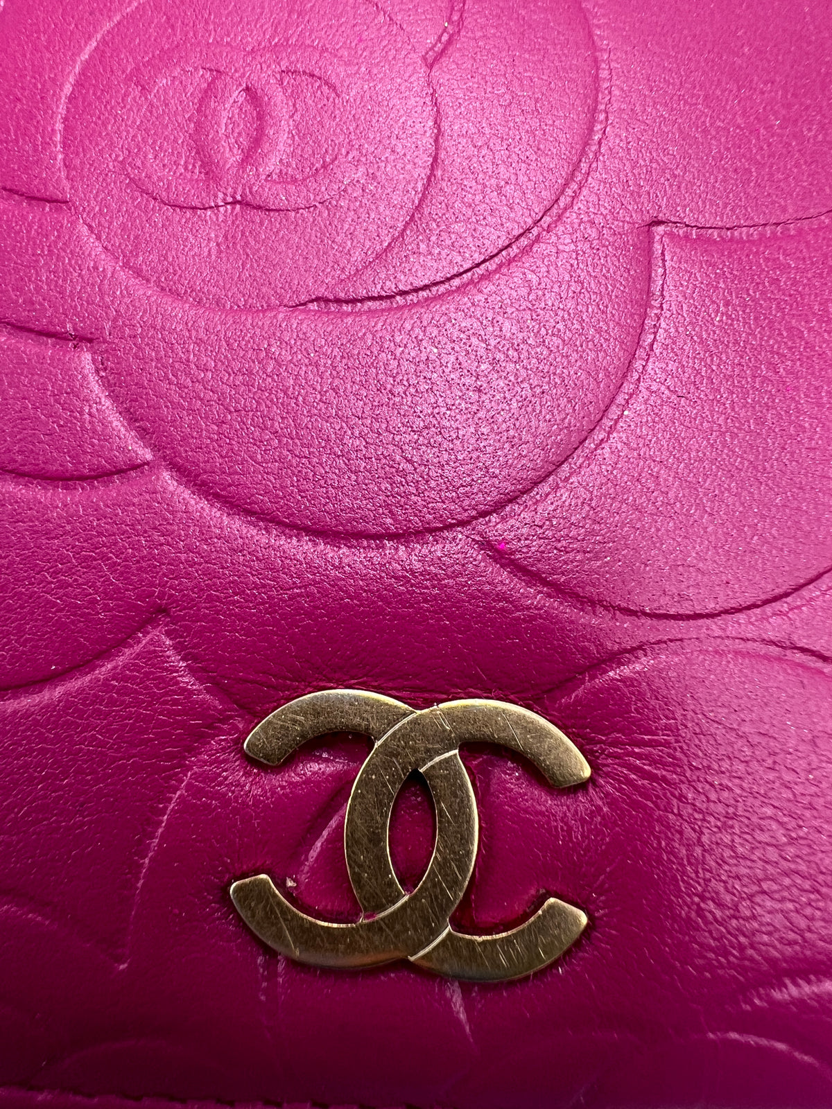Chanel Camellia Embossed Flap Long Wallet in Magenta / Fuchsia Lambskin with Gold Hardware
