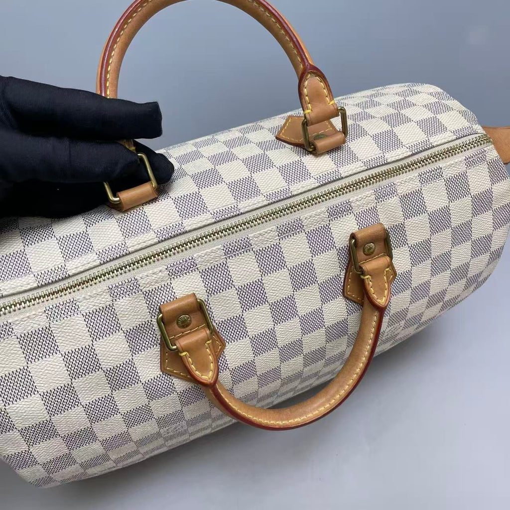 Louis Vuitton Damier Azur Speedy 30 Handbag with Gold-Tone Lock and Keys