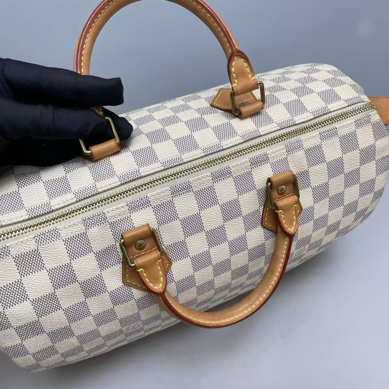 Louis Vuitton Damier Azur Speedy 30 Handbag with Gold-Tone Lock and Keys