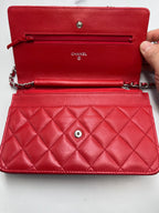 Chanel Classic Quilted Wallet on Chain (WOC) in Red Lambskin with Silver Hardware