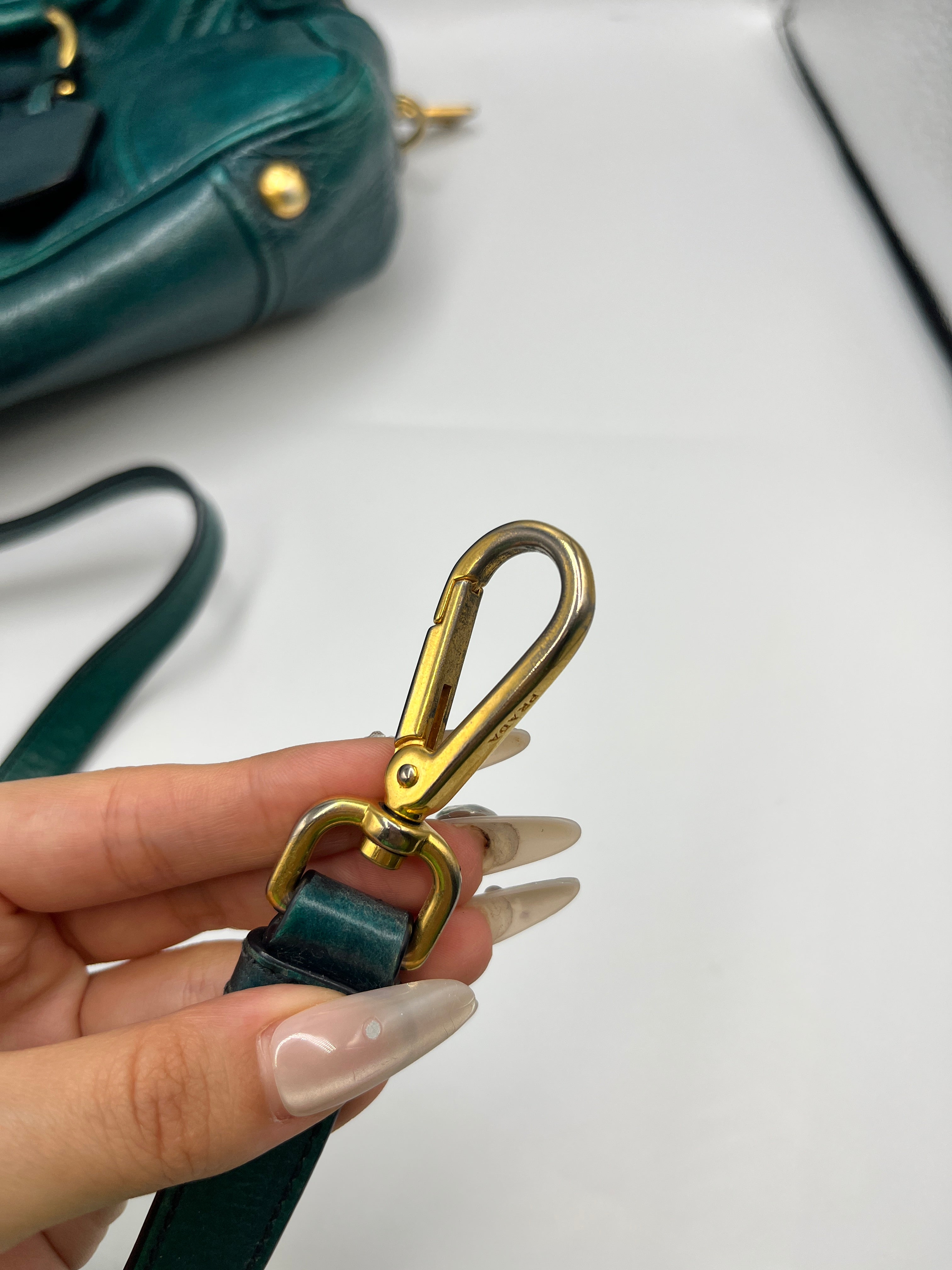 Prada Vitello Shine Teal Green Leather Satchel Bag