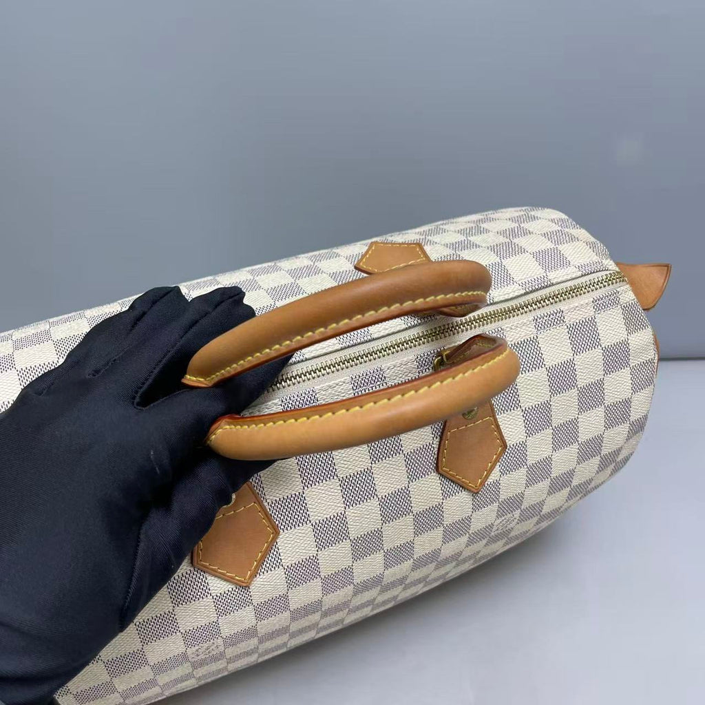 Louis Vuitton Damier Azur Speedy 30 Handbag with Gold-Tone Lock and Keys