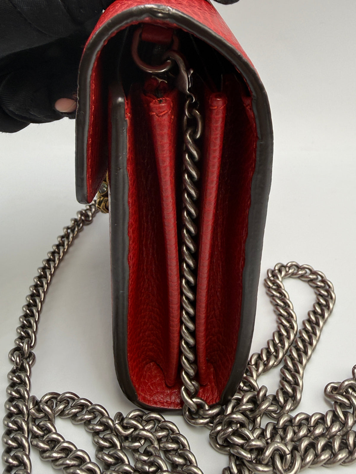 Gucci Dionysus Super Mini Shoulder Bag - Red Textured Leather with Crystal Tiger Head