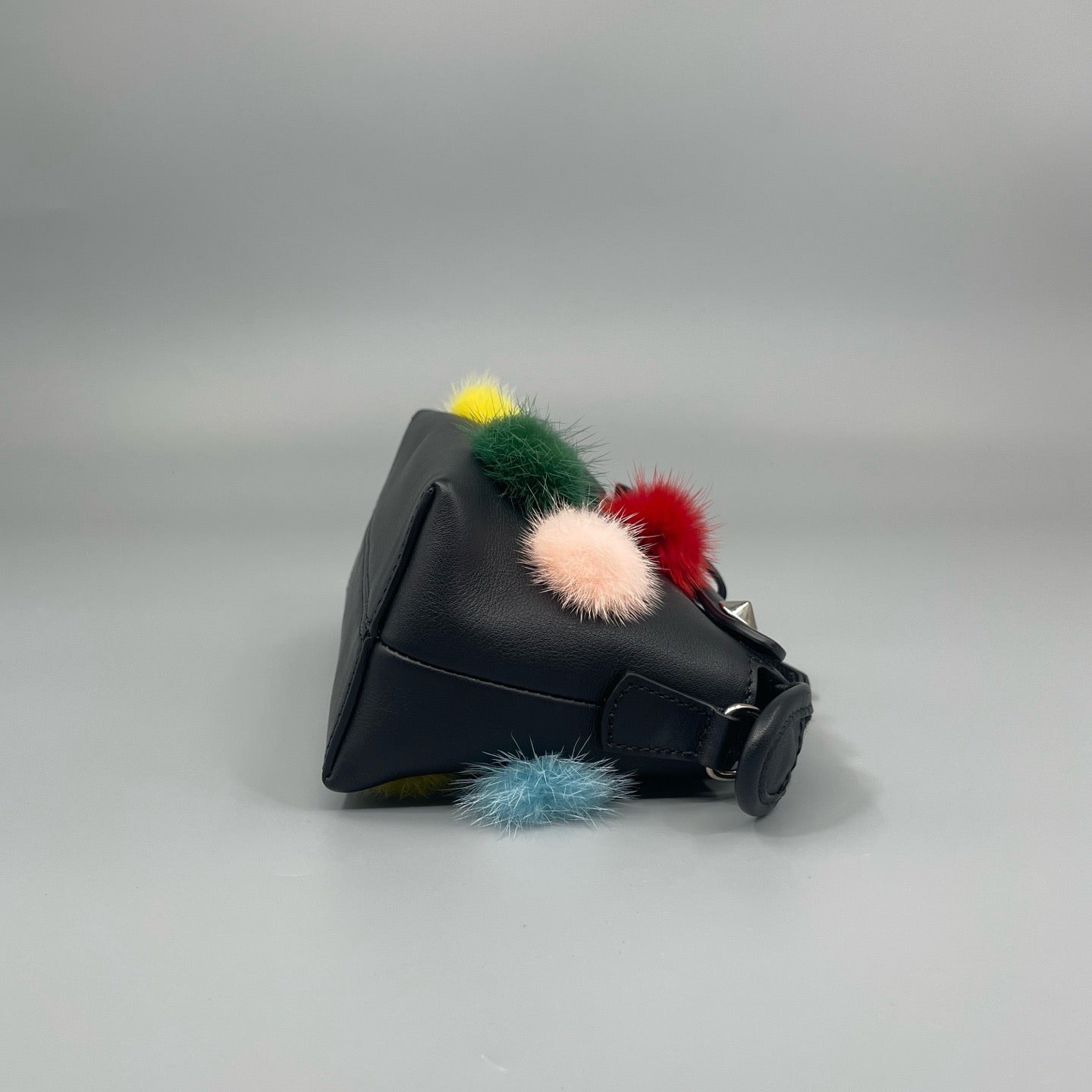 Fendi Mini "By The Way" Boston Bag in Black Leather with Multicolored Fur Pom-Poms