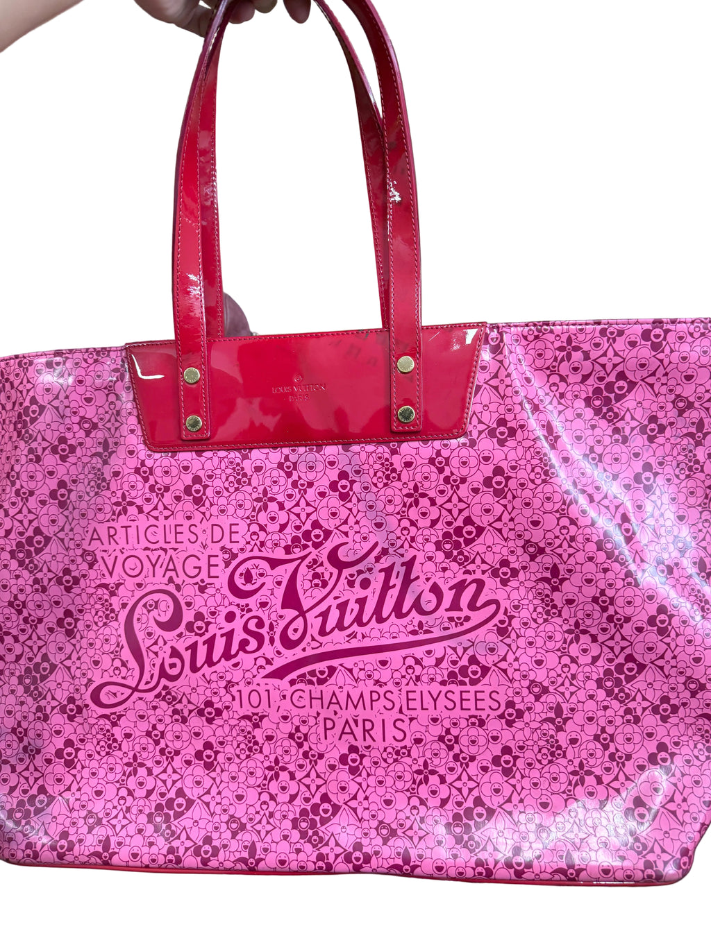 Louis Vuitton x Takashi Murakami Limited Edition Pink Shiny Leather Cosmic Blossom Tote GM