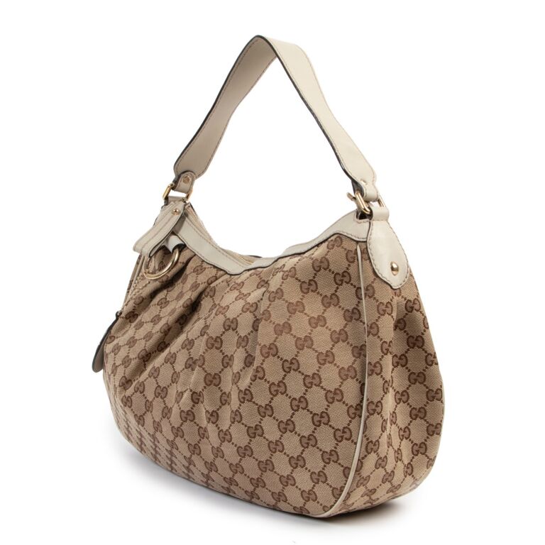 Gucci Sukey Shoulder Bag in GG Canvas with White Leather Trim