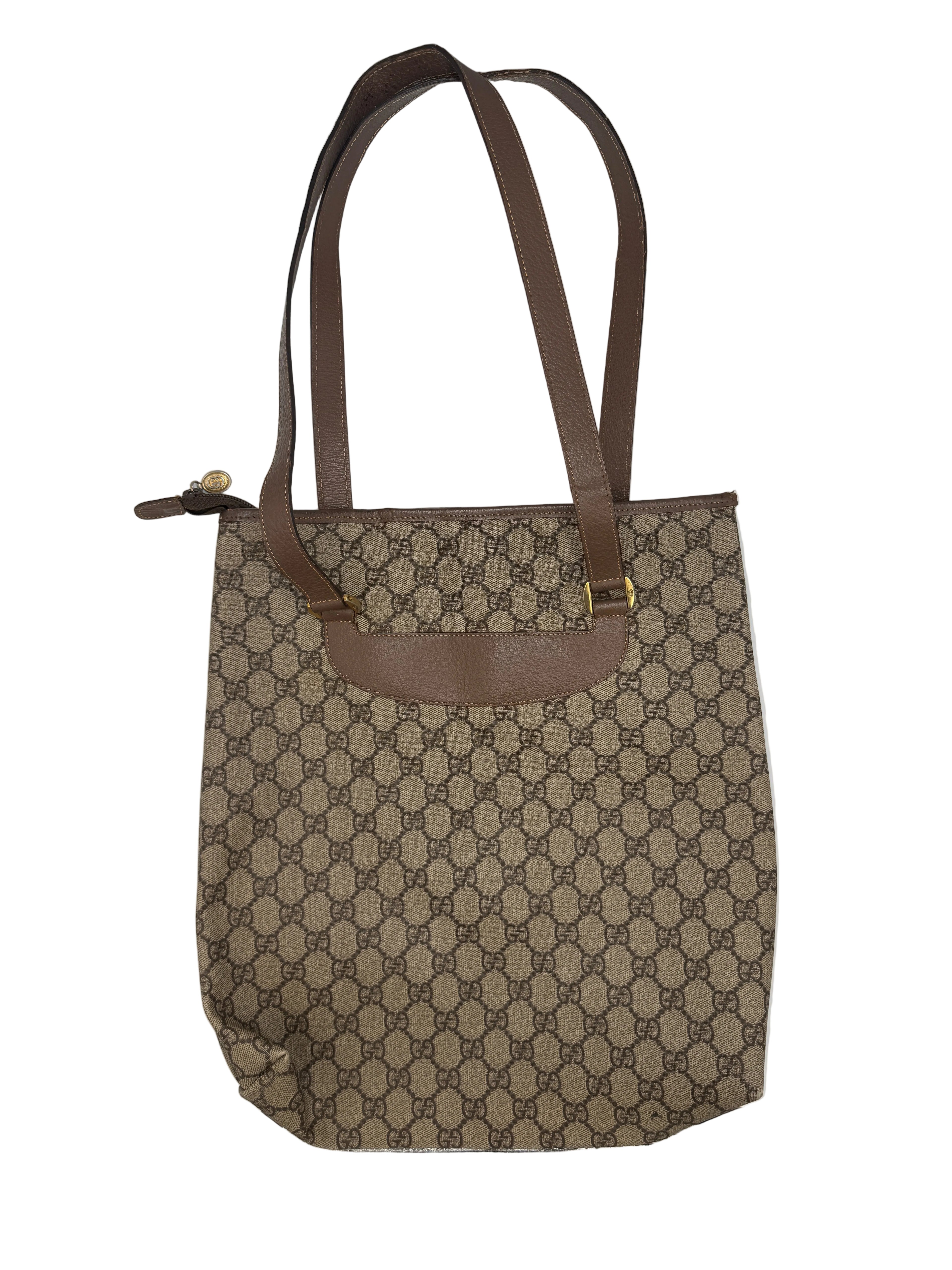 Gucci Vintage GG Supreme Canvas Tote Bag in Beige/Ebony with Brown Leather Trim
