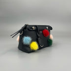 Fendi Mini "By The Way" Boston Bag in Black Leather with Multicolored Fur Pom-Poms