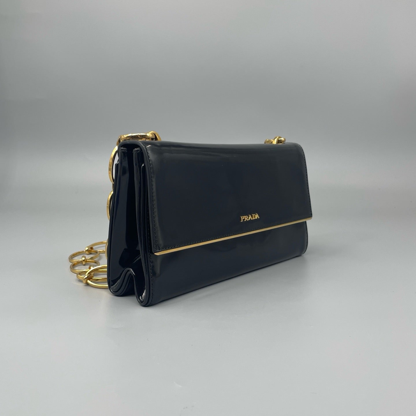 Prada Black Spazzolato Patent Leather Flap Bag with Gold-Tone Chain Strap
