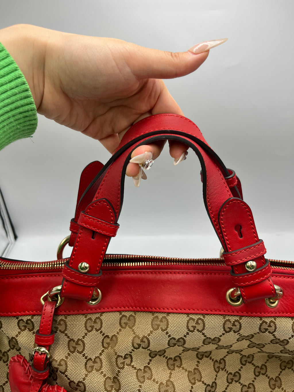 Gucci GG Canvas & Red Leather Heart Charm Shoulder Bag