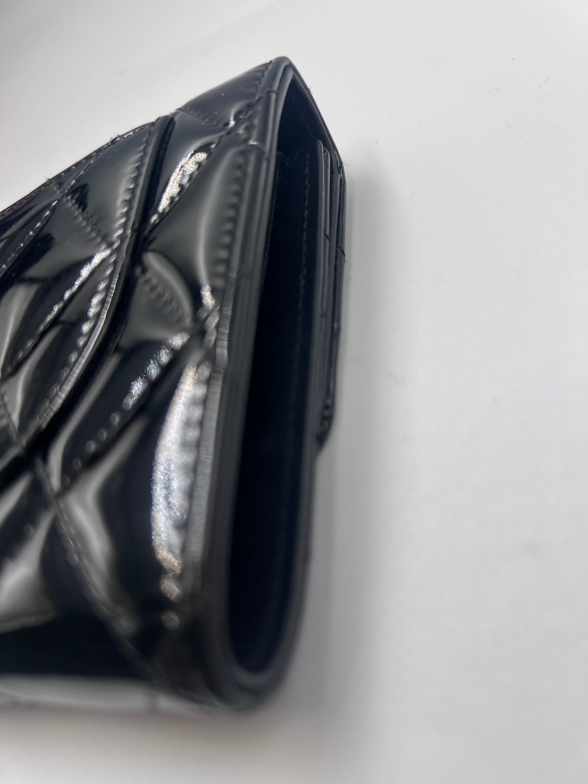 Chanel Classic Quilted Flap Wallet / Medium Wallet in Black Patent Leather with Silver Hardware