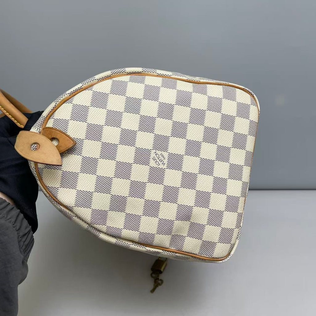 Louis Vuitton Damier Azur Speedy 30 Handbag with Gold-Tone Lock and Keys