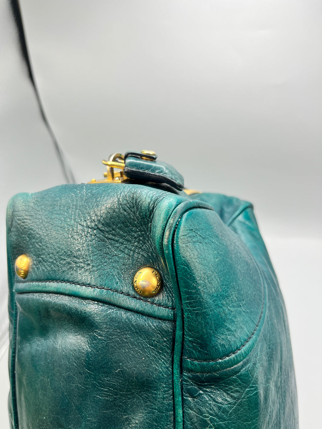 Prada Vitello Shine Teal Green Leather Satchel Bag