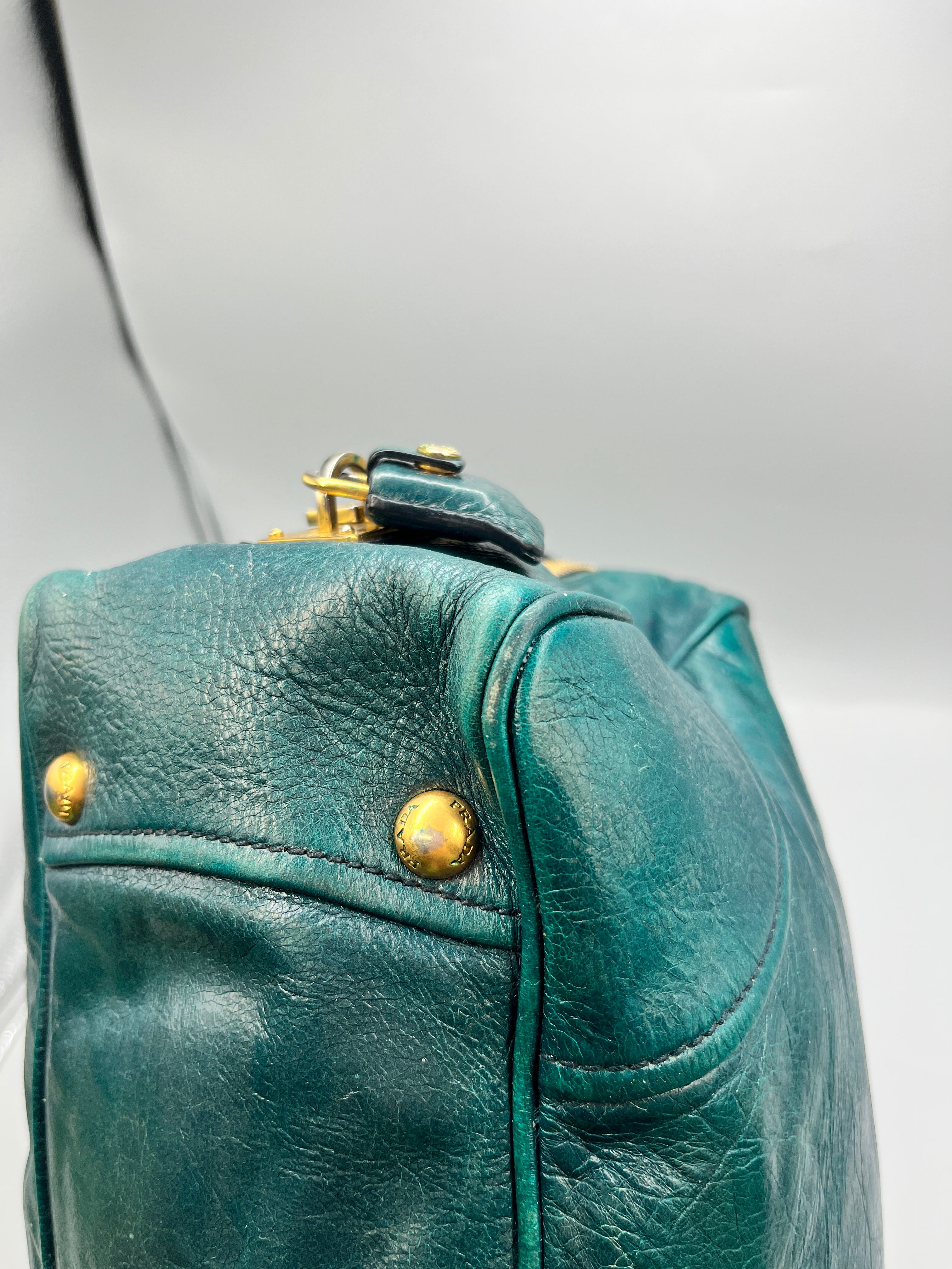 Prada Vitello Shine Teal Green Leather Satchel Bag