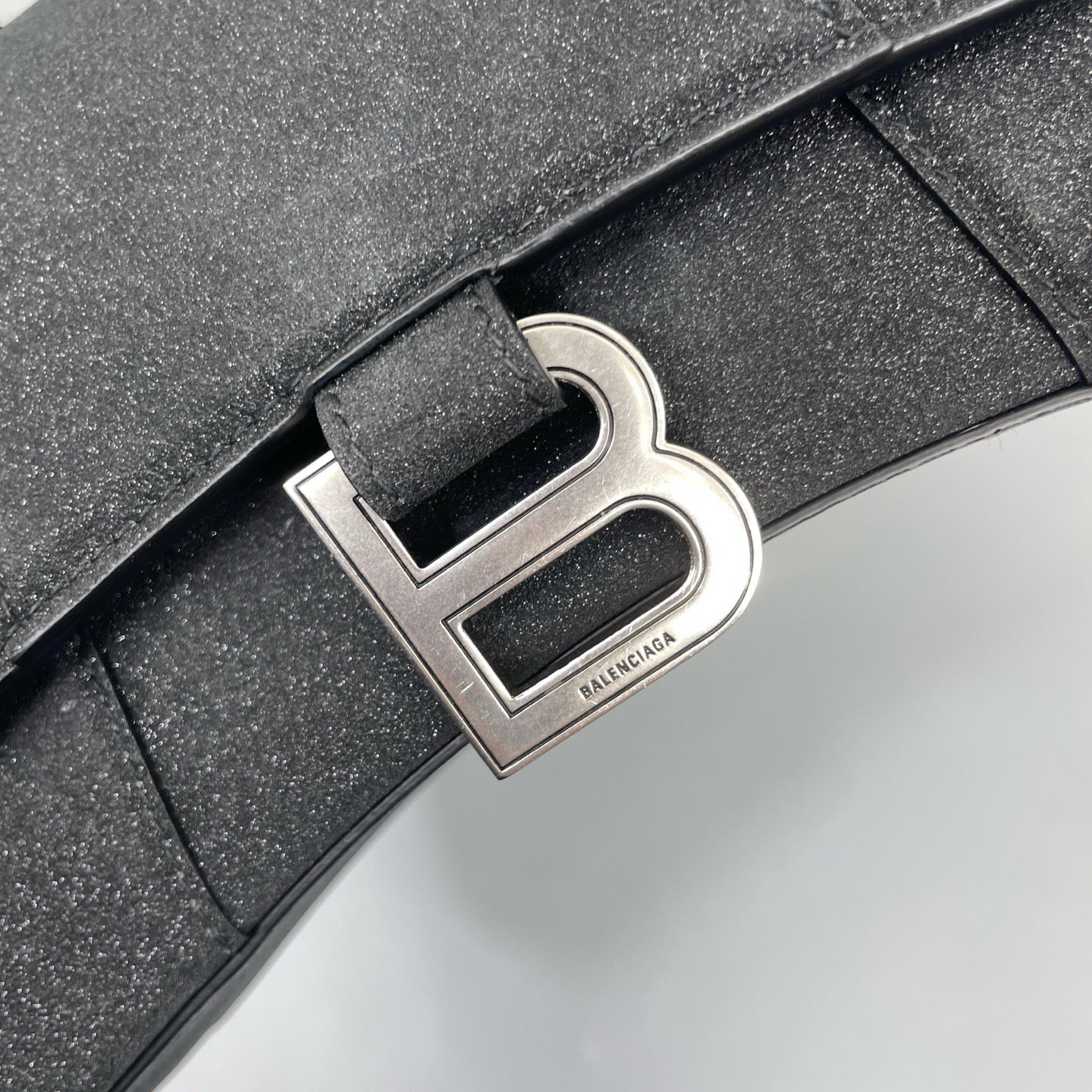 Balenciaga Hourglass XS Top Handle Bag in Black Suede with Silver Hardware