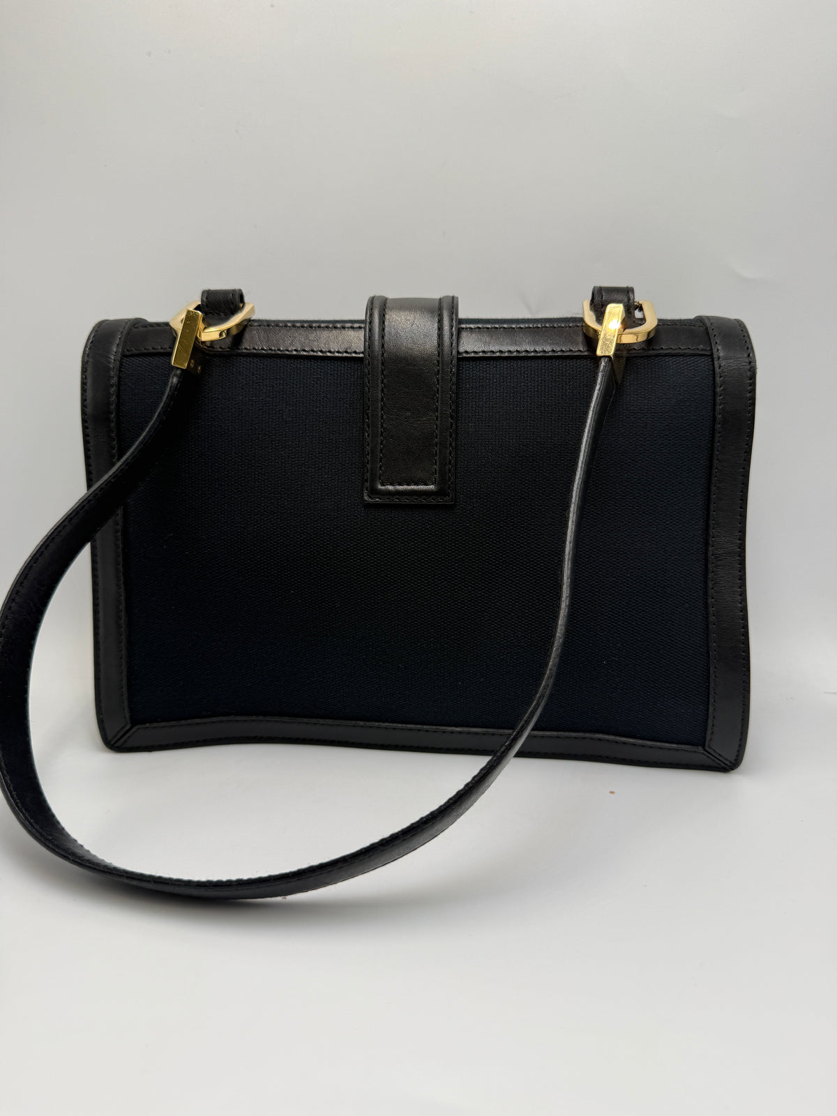 Gucci Vintage Square G Flap Shoulder Bag in Black Canvas and Leather