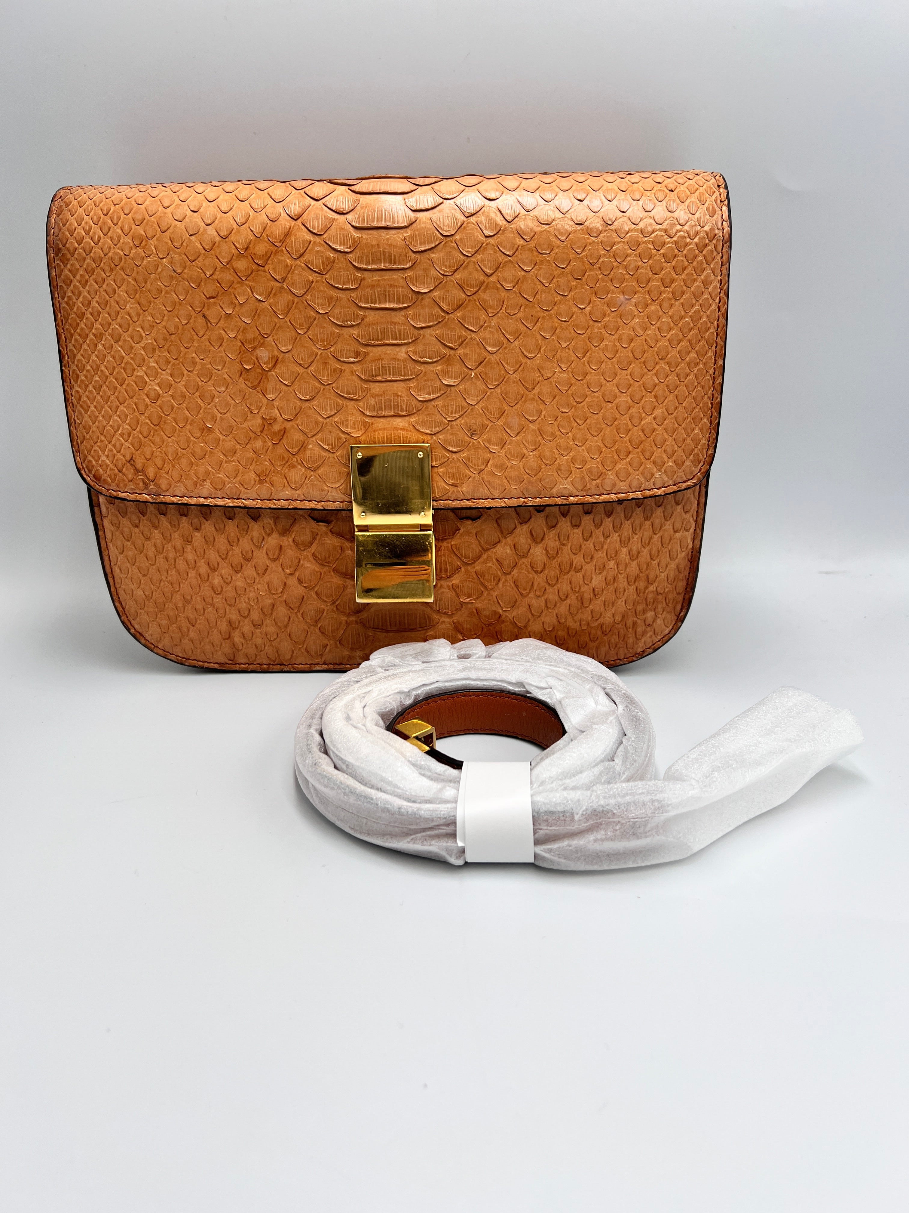 Celine Classic Box Bag in Tan Python Leather with Gold-Tone Hardware