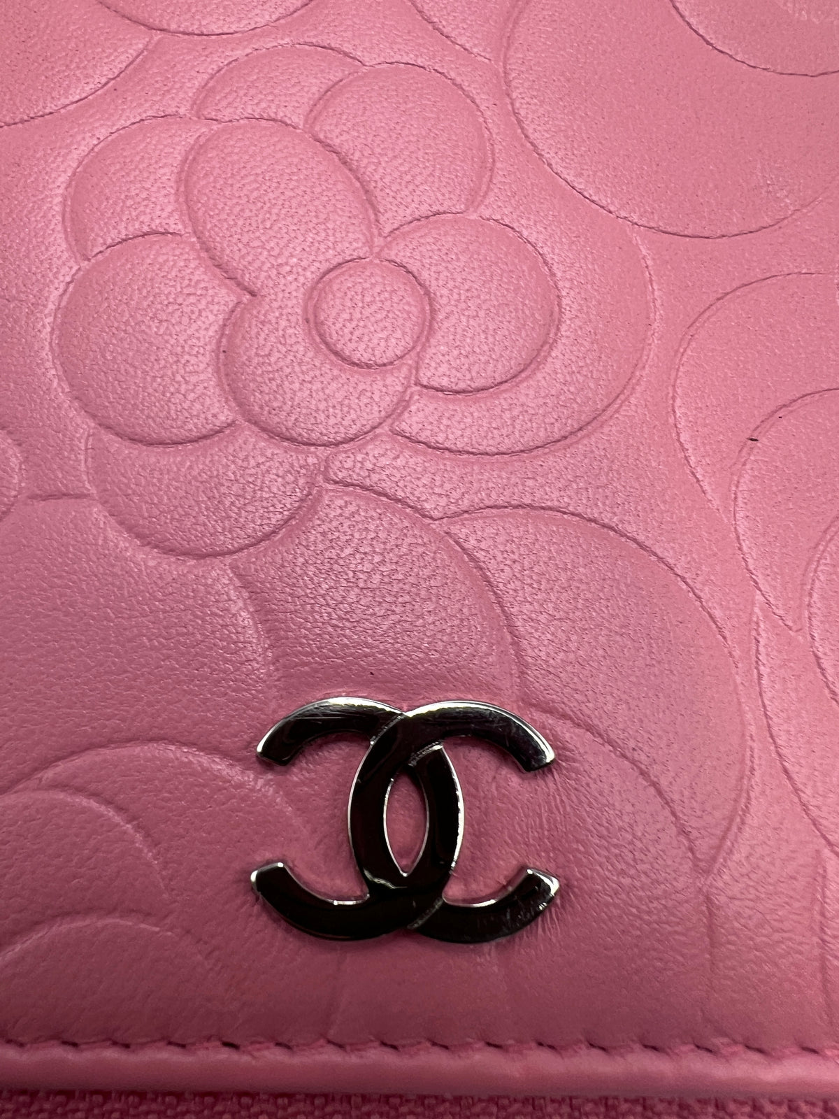 Chanel Camellia Embossed Zipped Long Wallet in Pink Lambskin with Silver Hardware