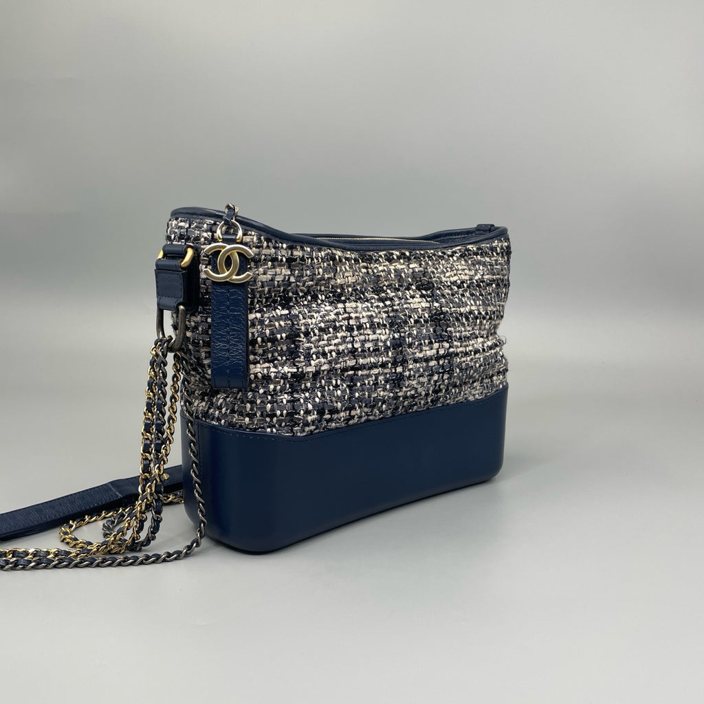 Chanel Small Gabrielle Hobo Bag in Navy Quilted Tweed and Blue Calfskin