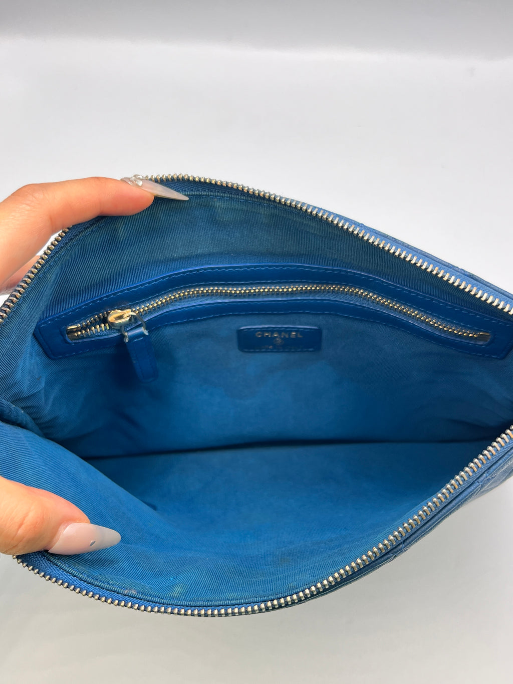 Chanel Navy Blue Quilted Lambskin CC Zip Pouch Clutch Bag