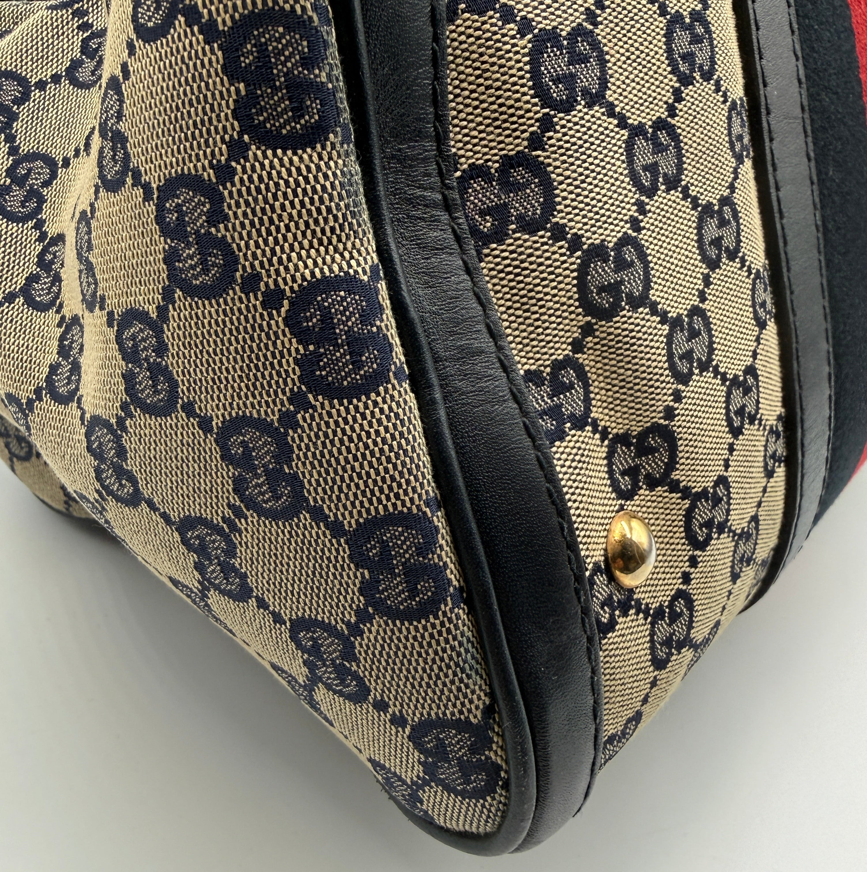 Gucci Vintage Web Boston Bag – Navy GG Canvas – Authentic Pre-owned Sherry Line Satchel