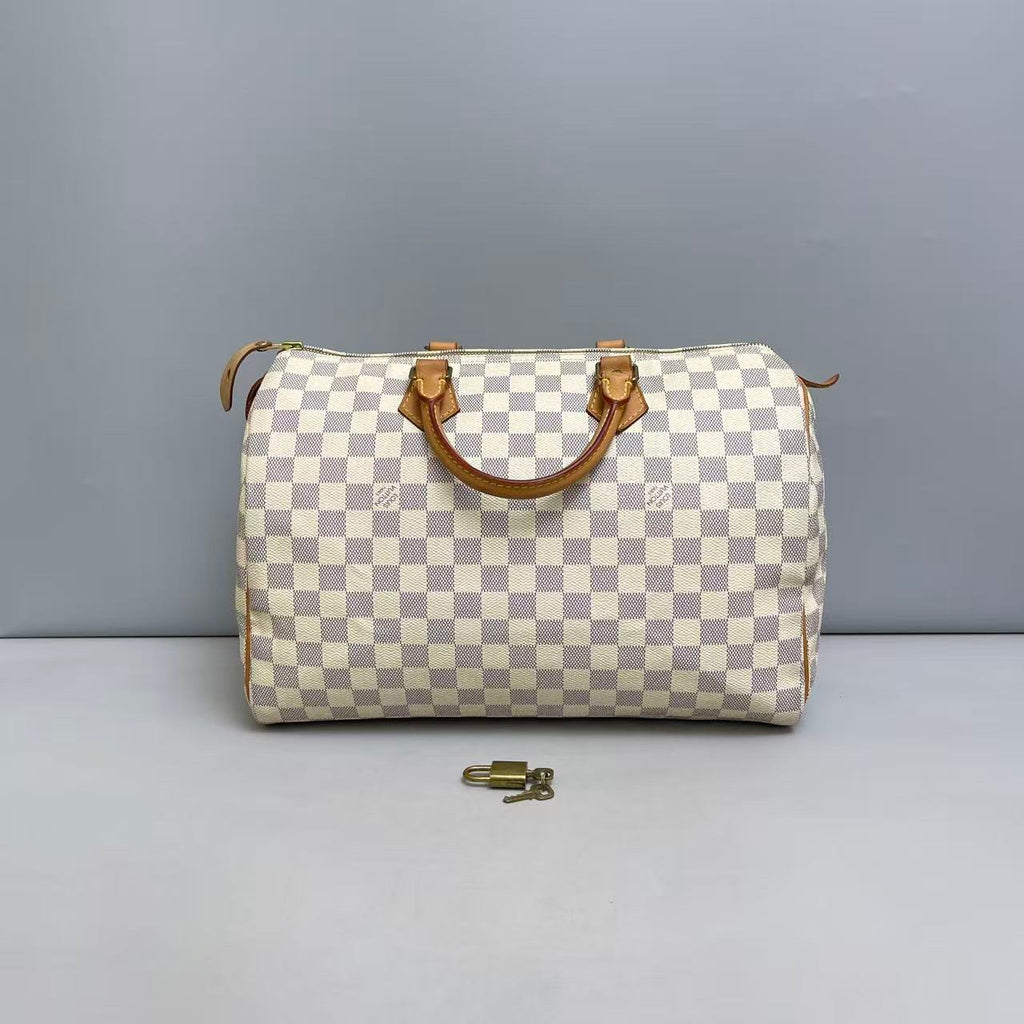Louis Vuitton Damier Azur Speedy 30 Handbag with Gold-Tone Lock and Keys