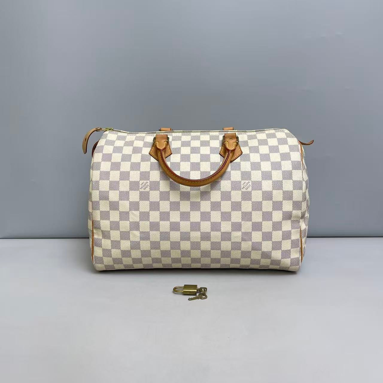 Louis Vuitton Damier Azur Speedy 30 Handbag with Gold-Tone Lock and Keys