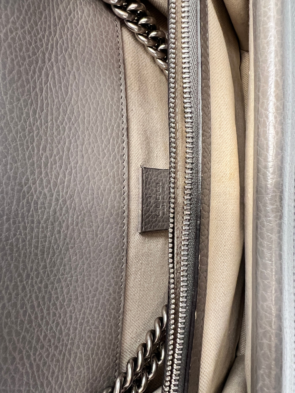 Gucci Dionysus Medium Shoulder Bag in Taupe Grained Leather with Crystal Tiger Head Closure
