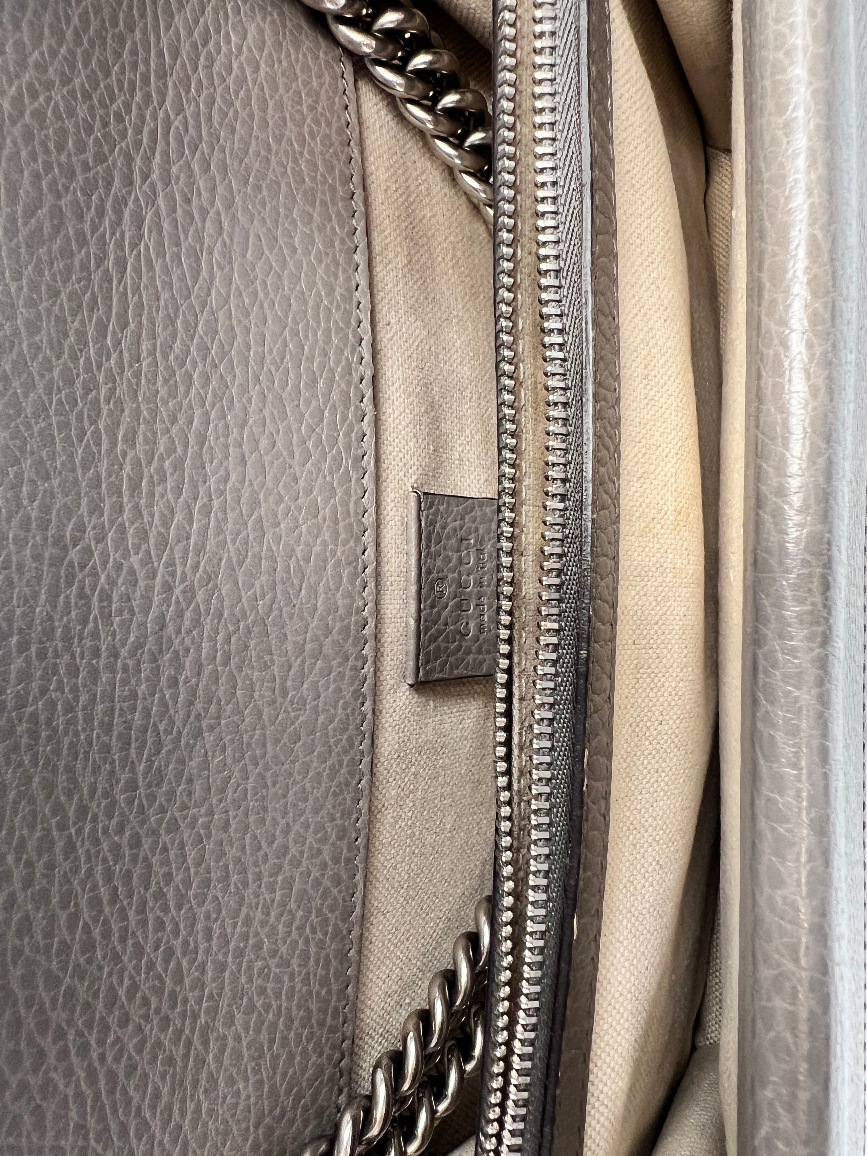 Gucci Dionysus Medium Shoulder Bag in Taupe Grained Leather with Crystal Tiger Head Closure