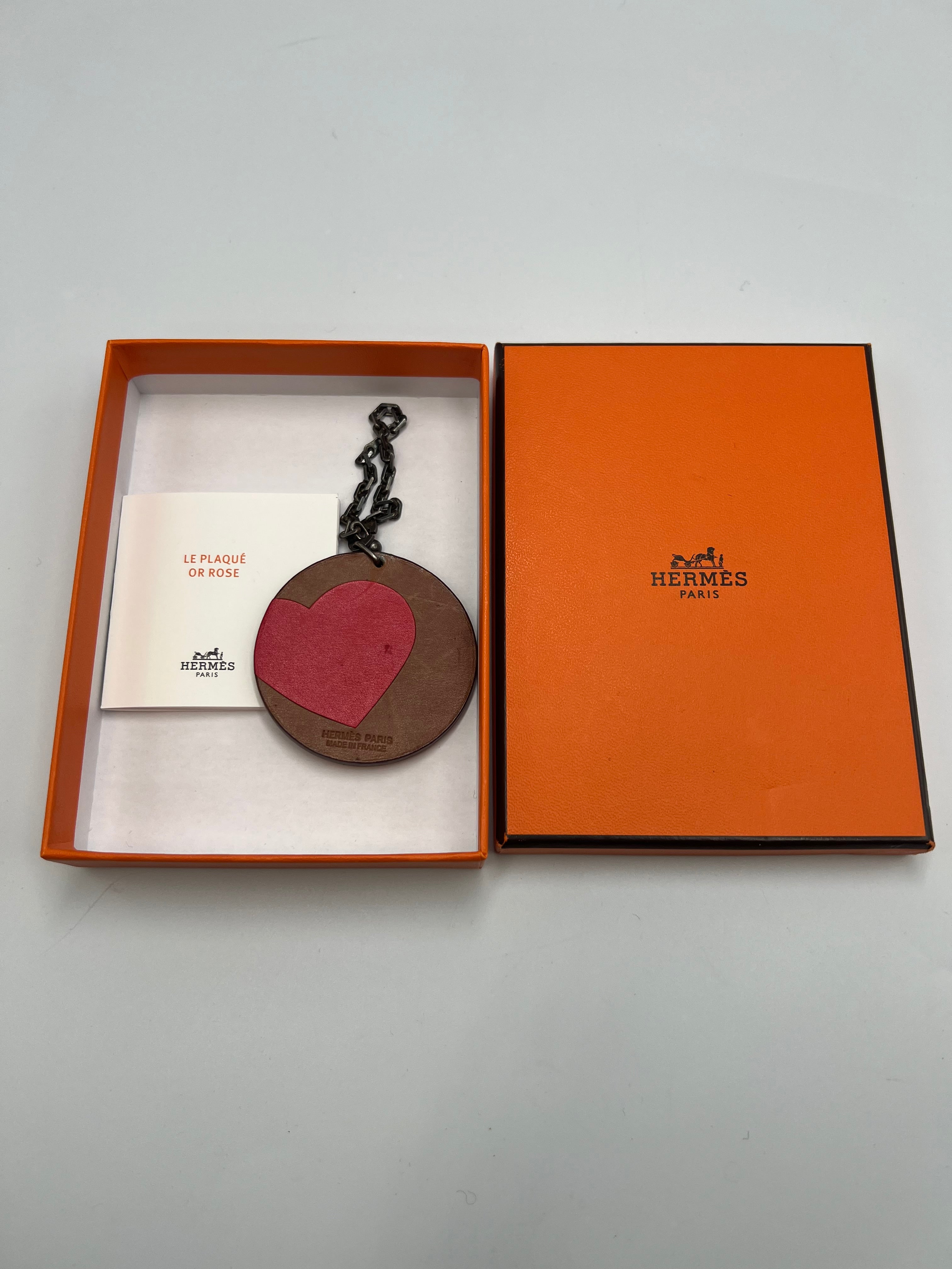 Hermes Bag Charm Heart Catch Me Brown Leather Key Ring