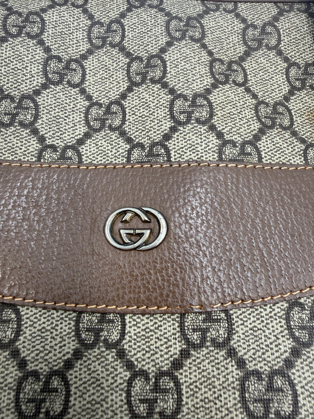 Gucci Vintage GG Supreme Canvas Tote Bag in Beige/Ebony with Brown Leather Trim