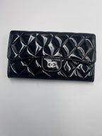 Chanel Classic Quilted Flap Wallet / Medium Wallet in Black Patent Leather with Silver Hardware
