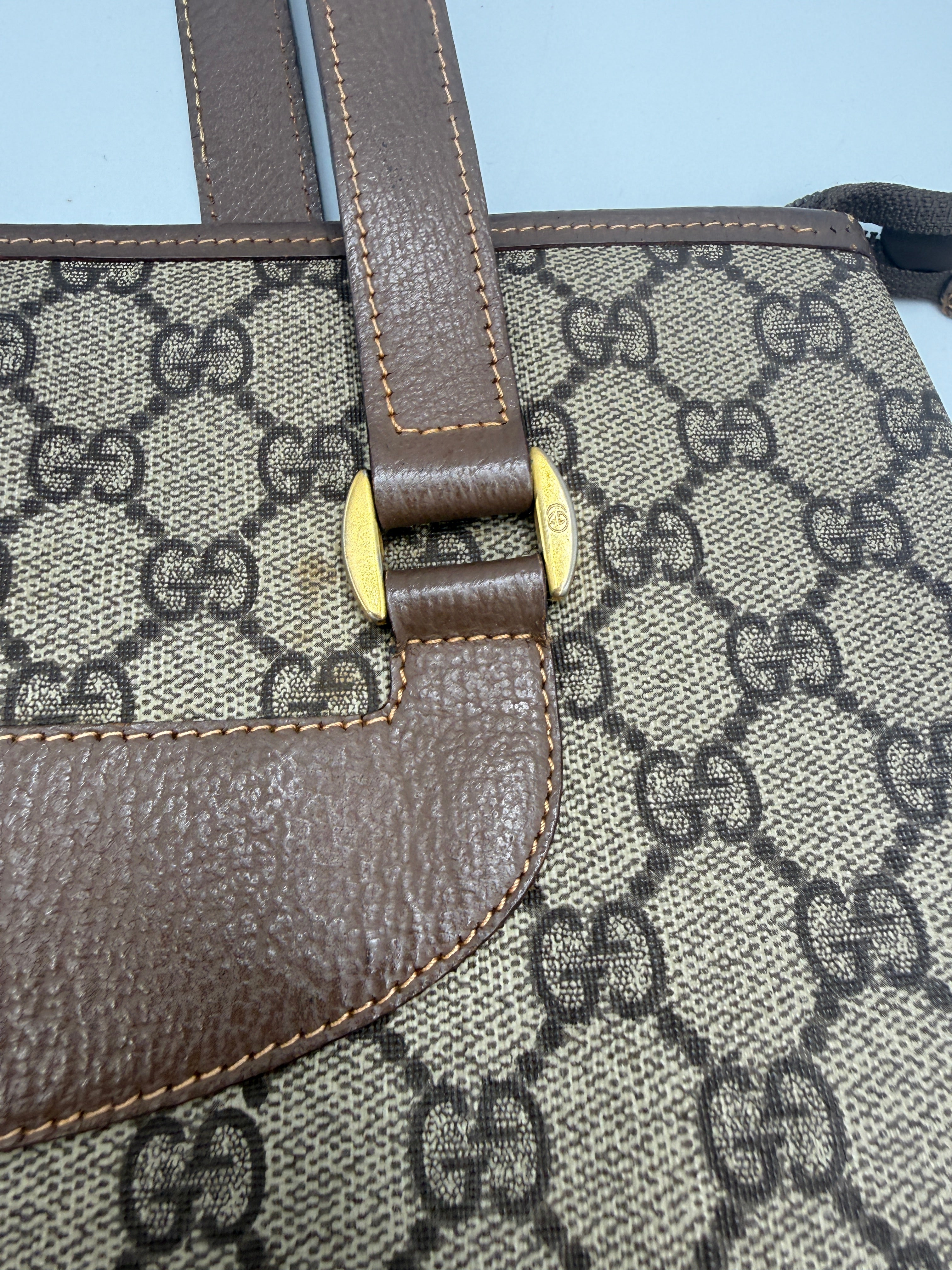 Gucci Vintage GG Supreme Canvas Tote Bag in Beige/Ebony with Brown Leather Trim