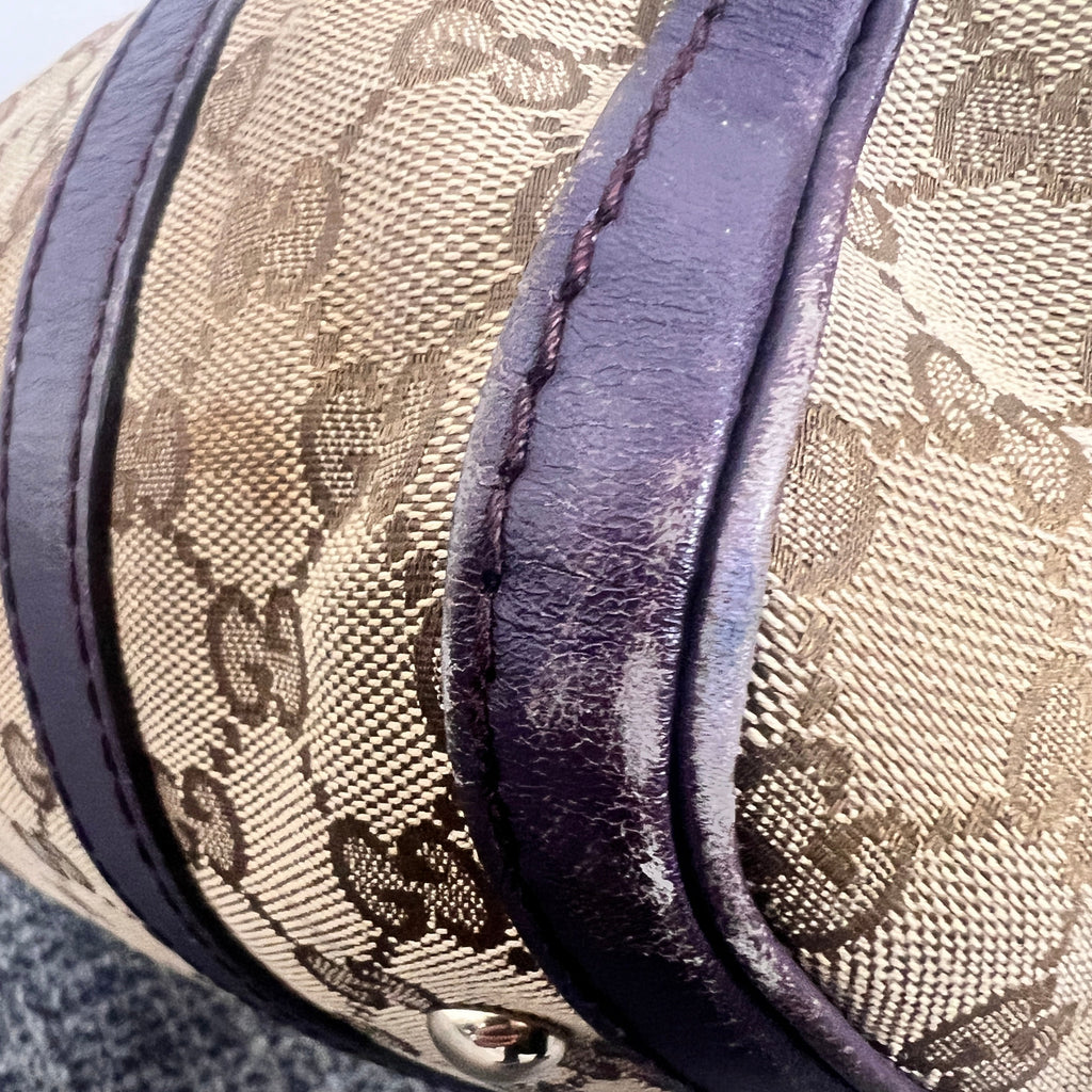 Gucci GG Monogram Canvas Boston Bag with Purple Leather Trim