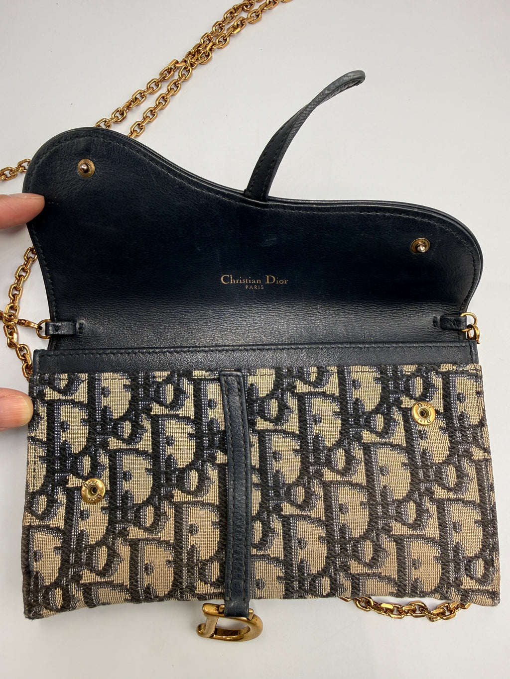 Dior Saddle Pouch / Wallet on Chain in Blue Dior Oblique Jacquard Canvas