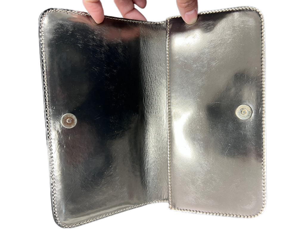 Vintage Gucci Metallic Silver Leather Mirror Clutch Bag with Bow Detail