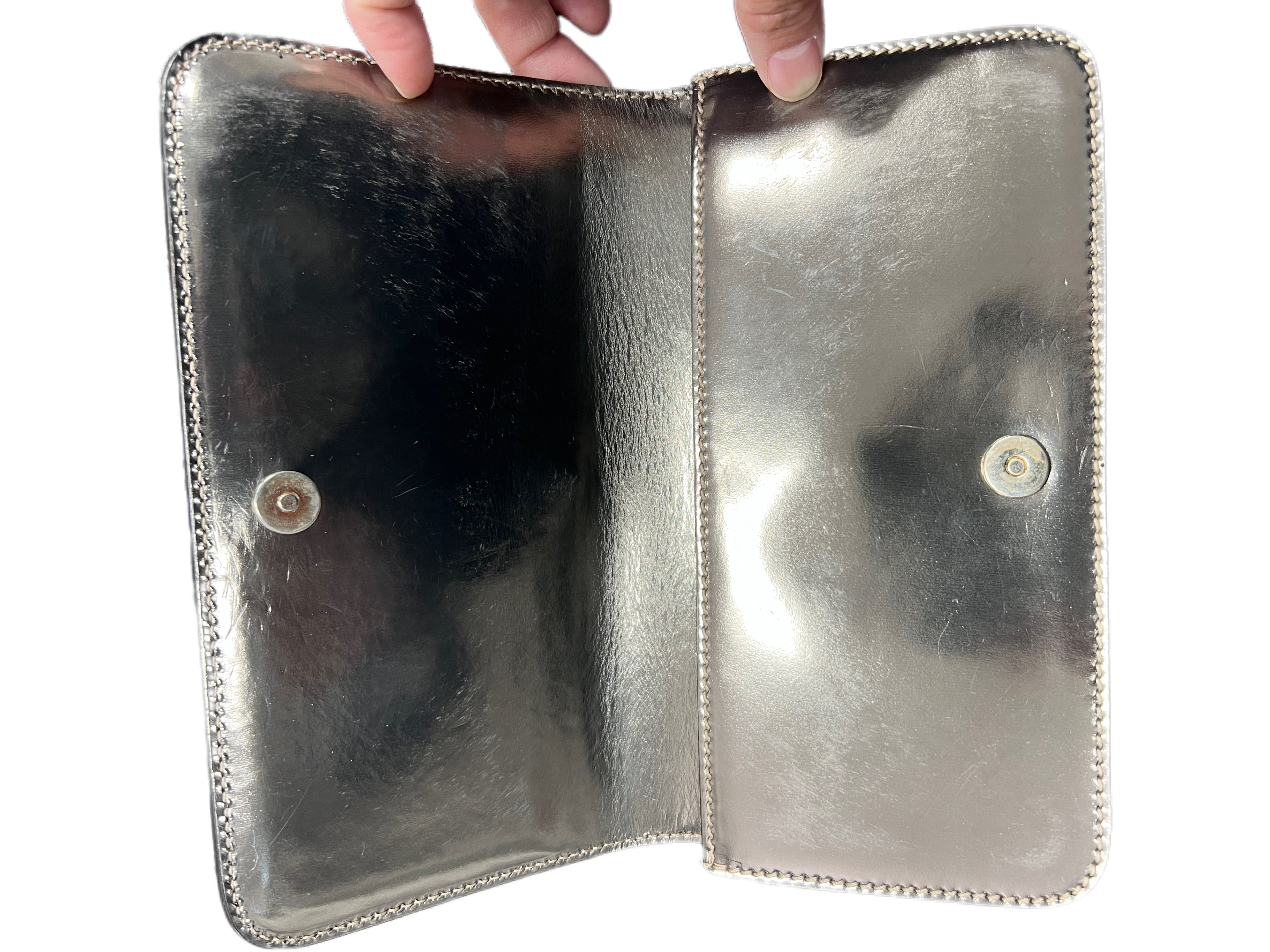Vintage Gucci Metallic Silver Leather Mirror Clutch Bag with Bow Detail