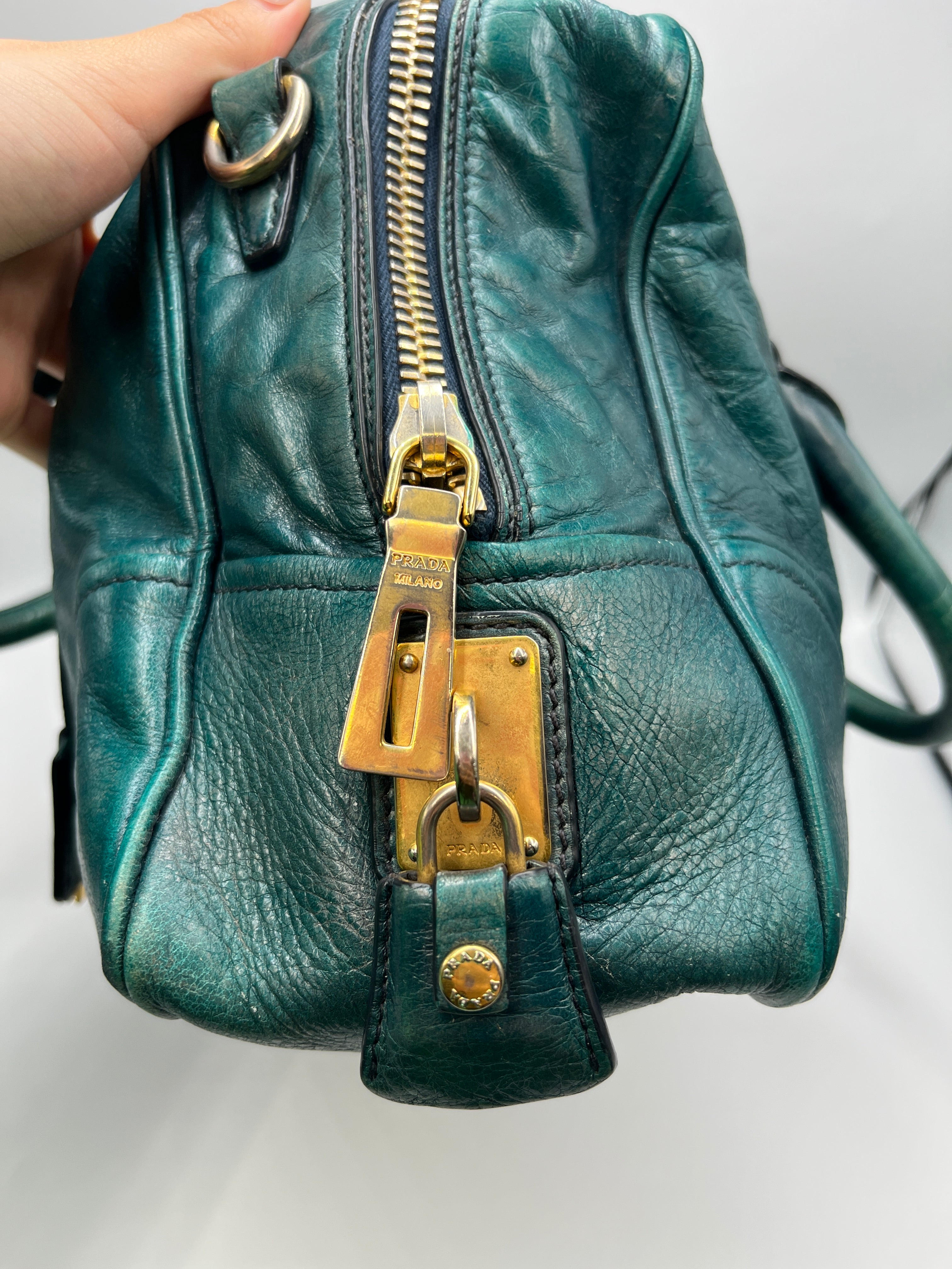 Prada Vitello Shine Teal Green Leather Satchel Bag