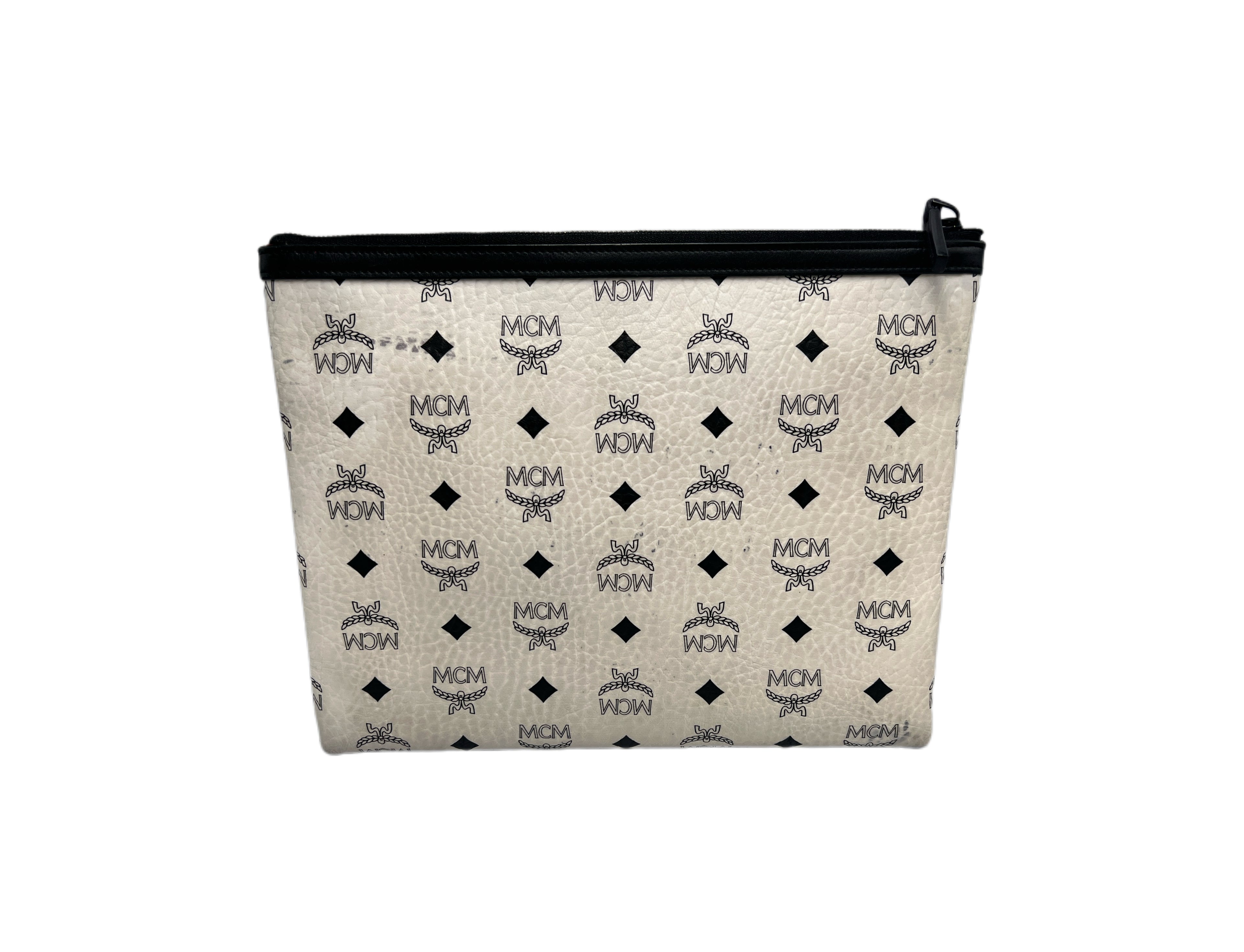 MCM Large Zip Pouch in White Visetos