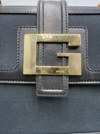 Gucci Vintage Square G Flap Shoulder Bag in Black Canvas and Leather