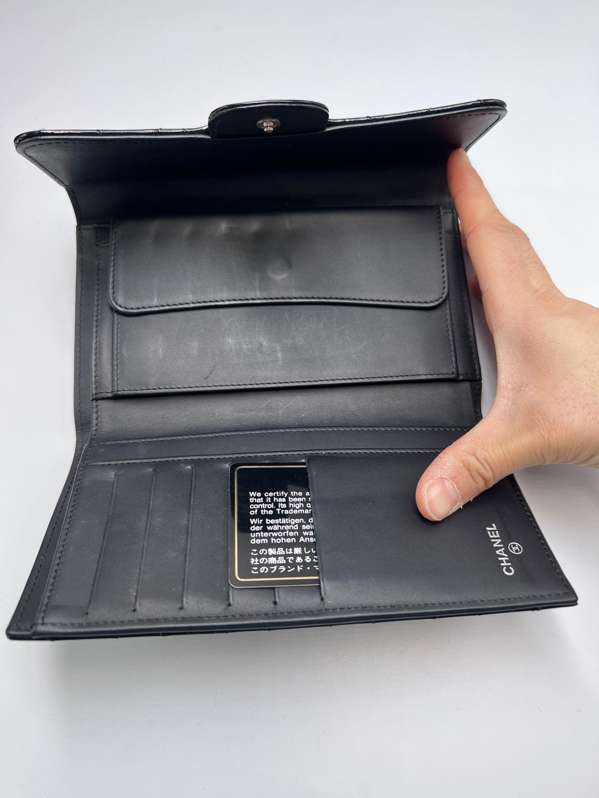 Chanel Classic Quilted Flap Wallet / Medium Wallet in Black Patent Leather with Silver Hardware