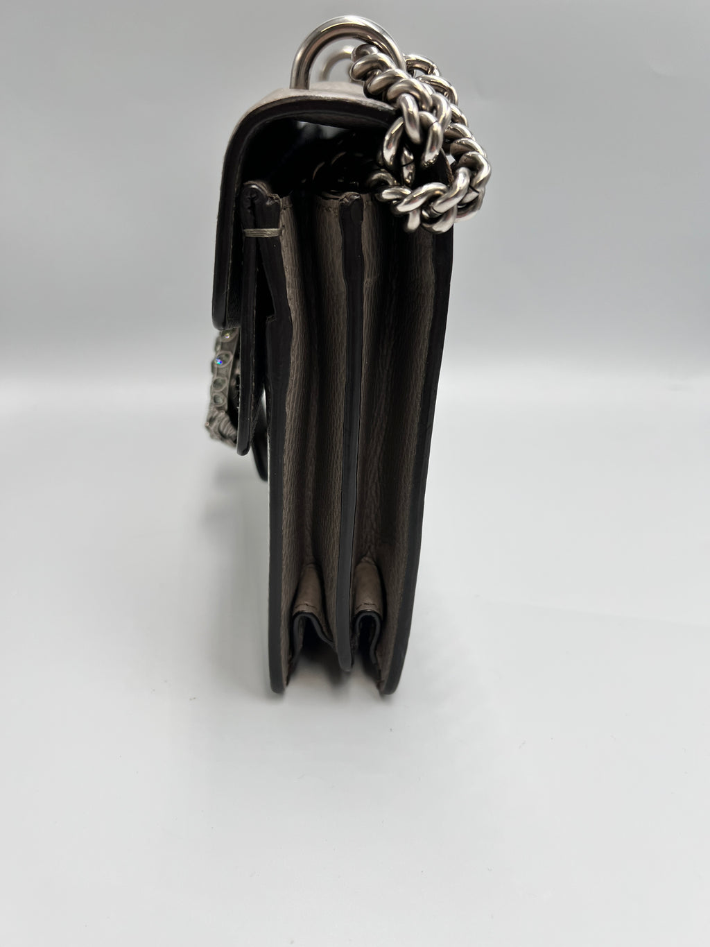 Gucci Dionysus Medium Shoulder Bag in Taupe Grained Leather with Crystal Tiger Head Closure