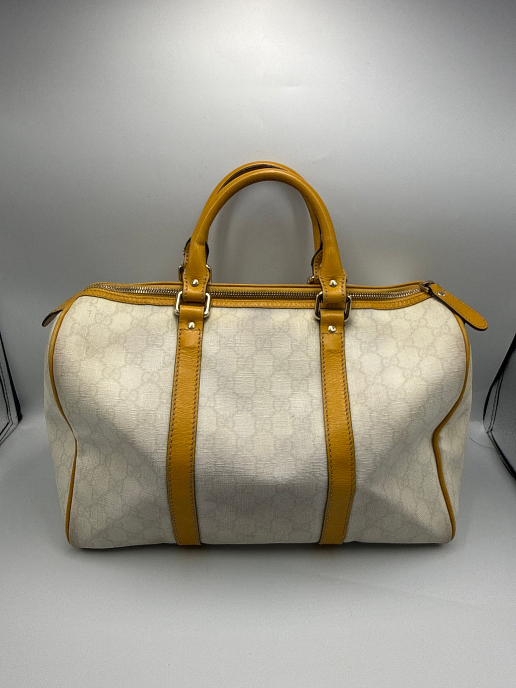 Gucci Joy Boston GG Plus Canvas Satchel with Yellow Leather Trim