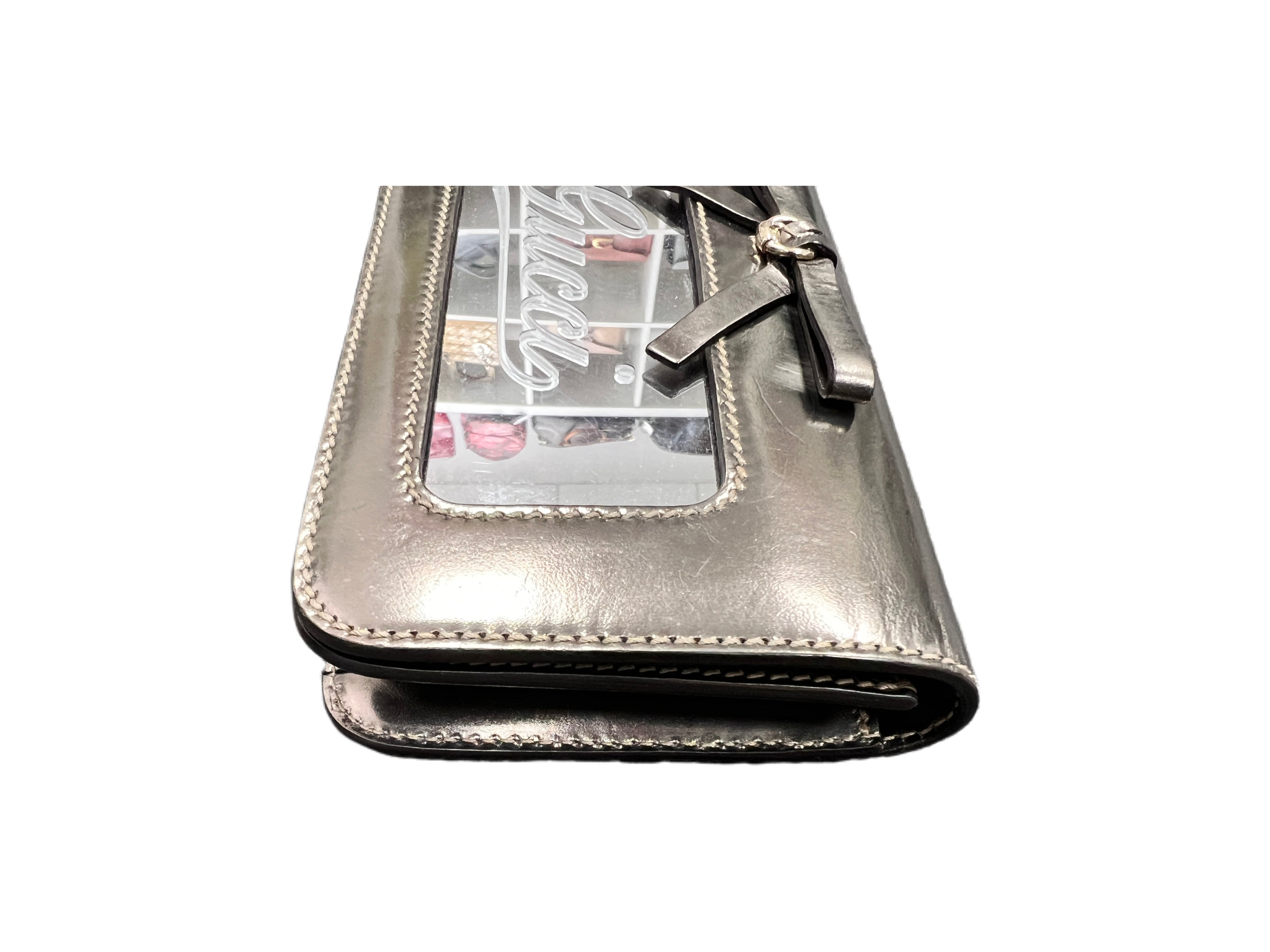 Vintage Gucci Metallic Silver Leather Mirror Clutch Bag with Bow Detail
