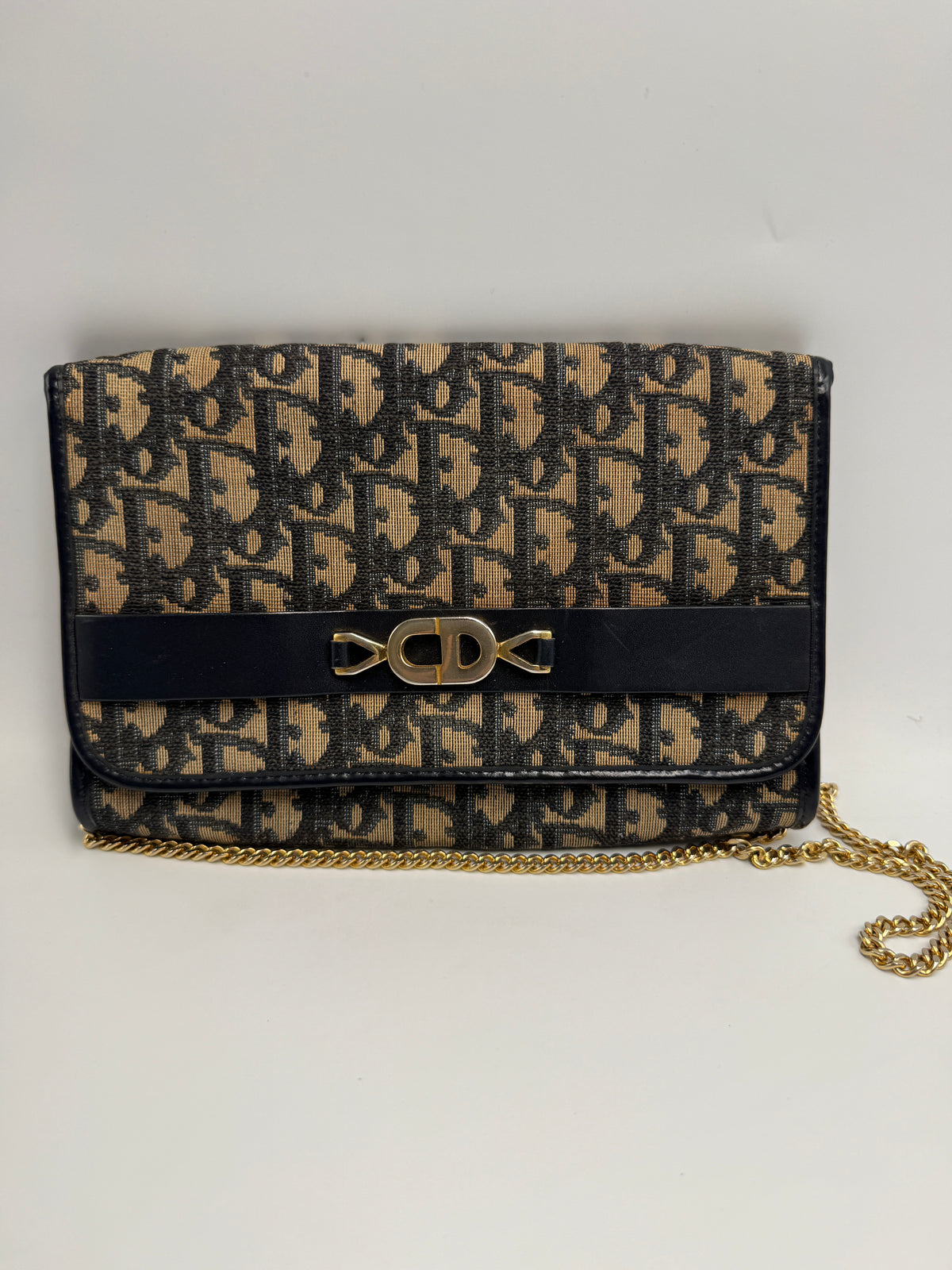 Vintage Christian Dior Trotter Oblique Canvas Clutch Bag in Navy & Beige