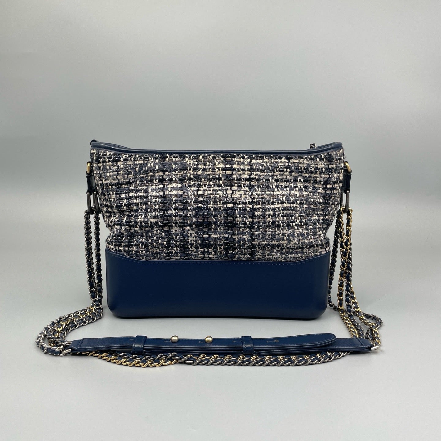 Chanel Small Gabrielle Hobo Bag in Navy Quilted Tweed and Blue Calfskin
