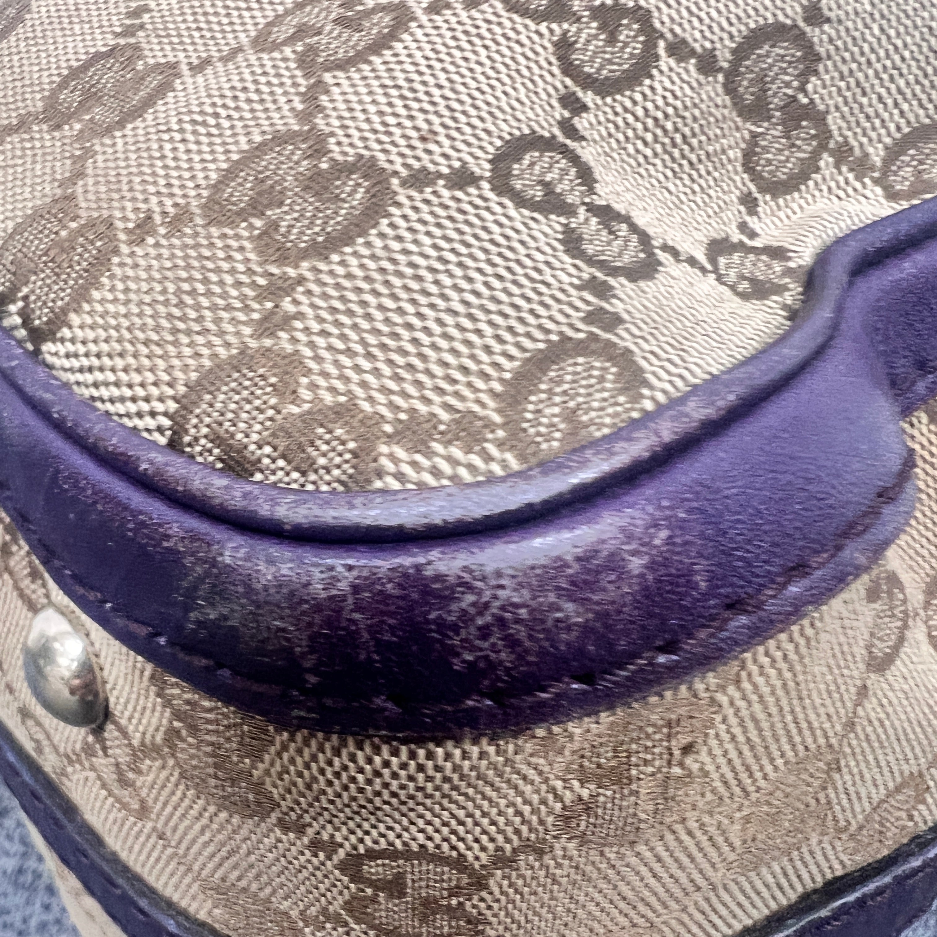 Gucci GG Monogram Canvas Boston Bag with Purple Leather Trim
