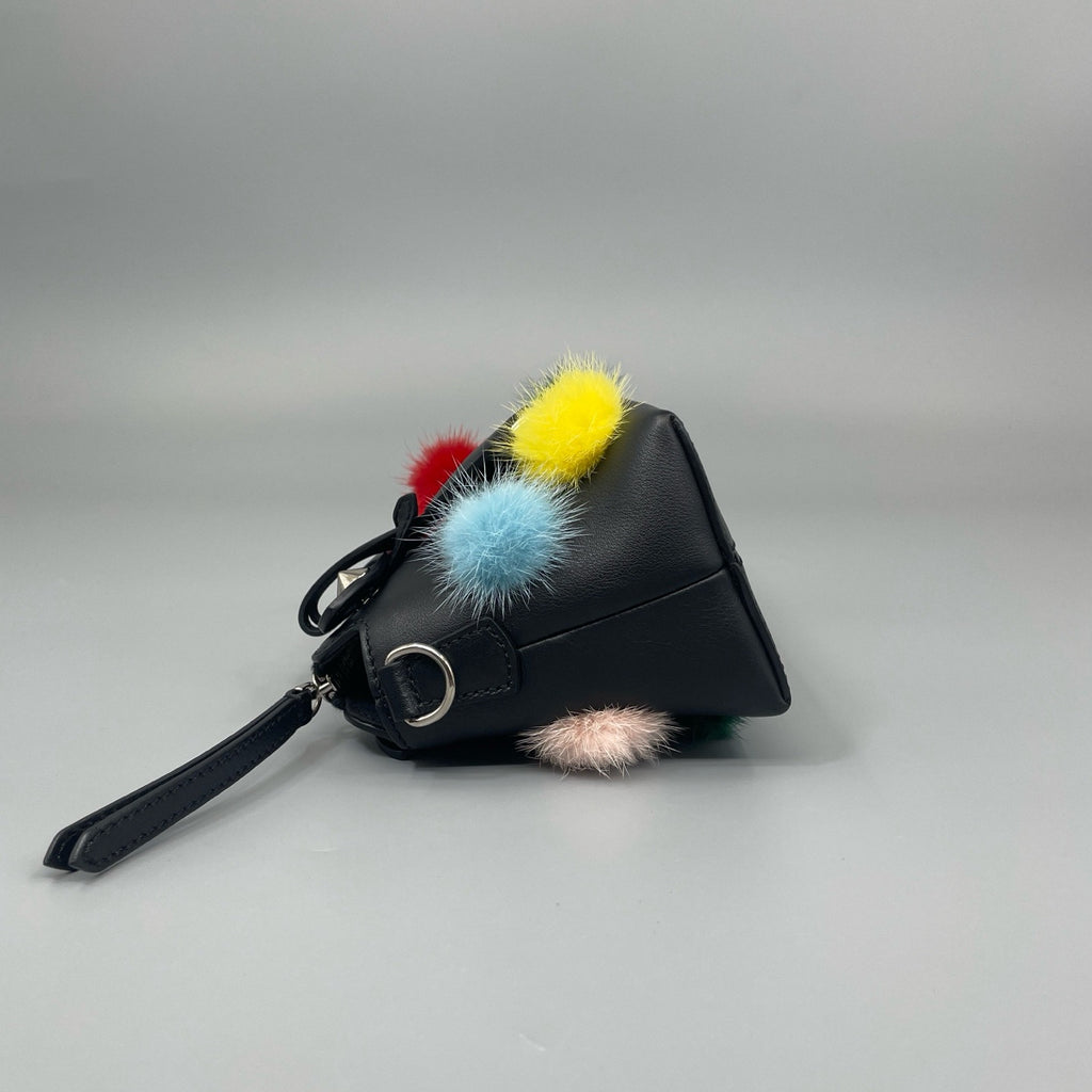 Fendi Mini "By The Way" Boston Bag in Black Leather with Multicolored Fur Pom-Poms
