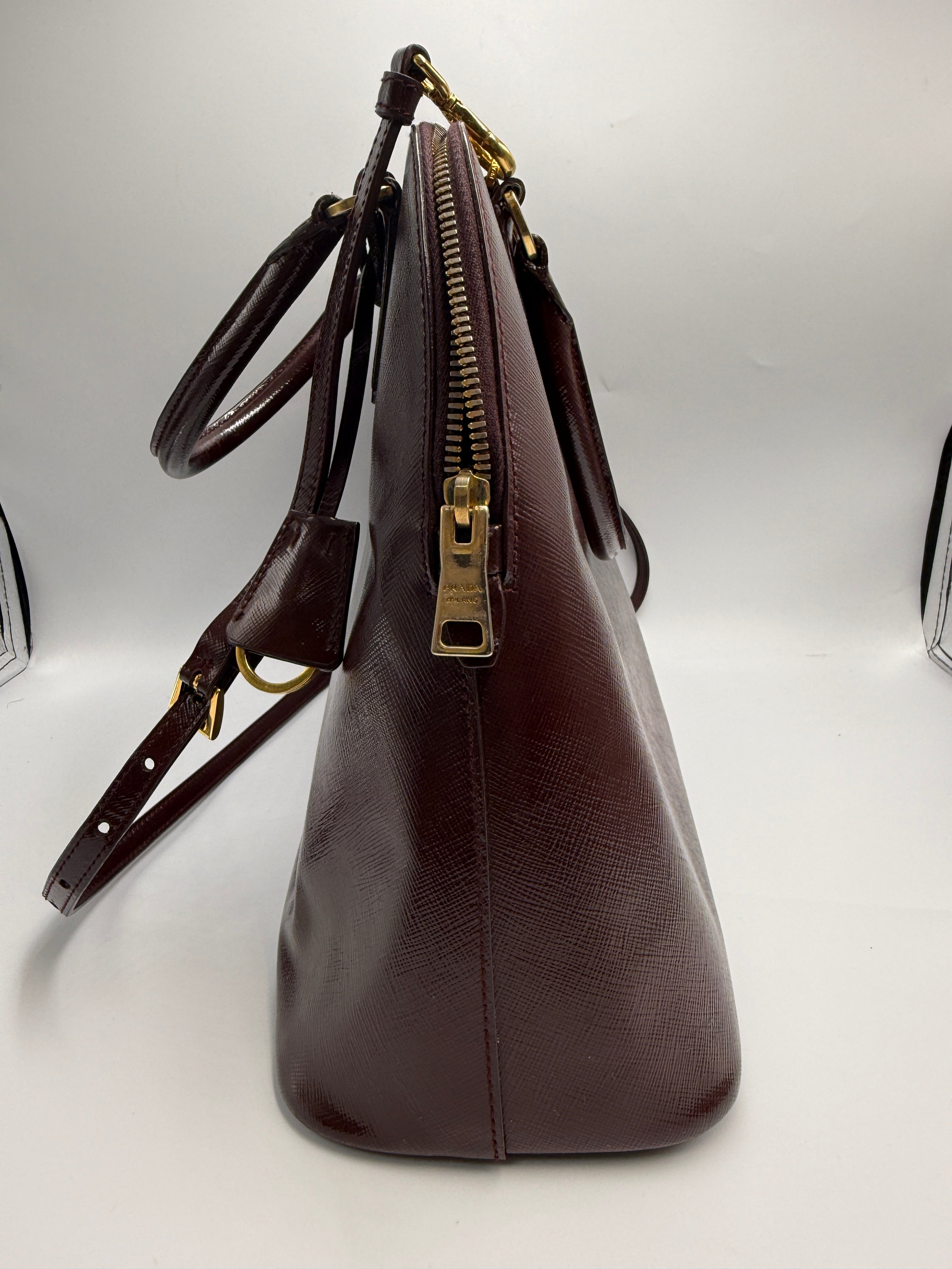 Prada Saffiano Lux Medium Promenade Dome Satchel (Granato / Burgundy)