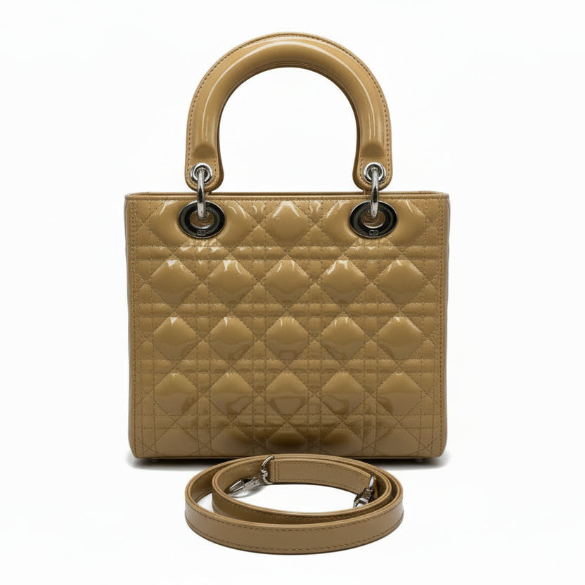 Christian Dior Medium Lady Dior Bag in Powder Beige Cannage Patent Leather